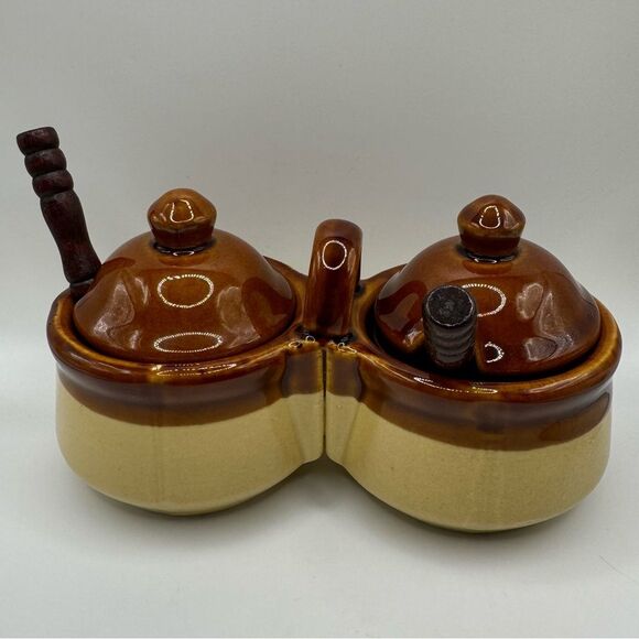 Vintage Stoneware Crock Pottery Double Condiment Jar with Spoons - Picture 1 of 5